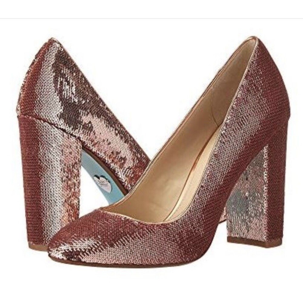 Betsey Johnson Lou Rose Gold Pink Sequin Chunky Heel Pumps Size 8